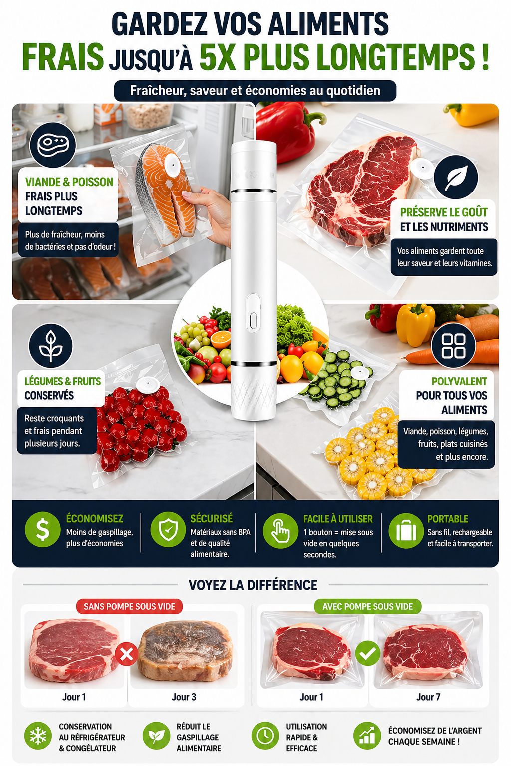 Pompe sous vide : Gardez vos aliments frais 5x plus longtemps