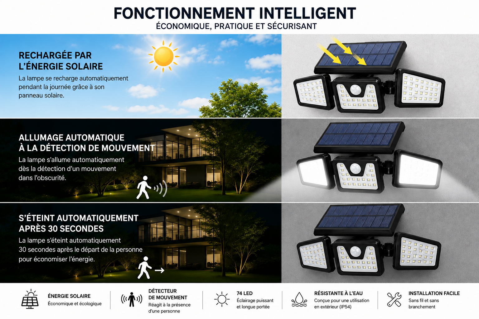 La sécurité de votre maison commence ici : Lampe Solaire Intelligente 74 LED